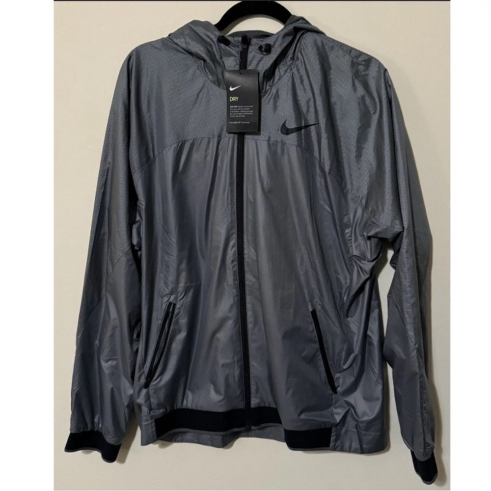 NIKE Windrunner Windbreaker Jacket Size L Gray Black with Lined Hood